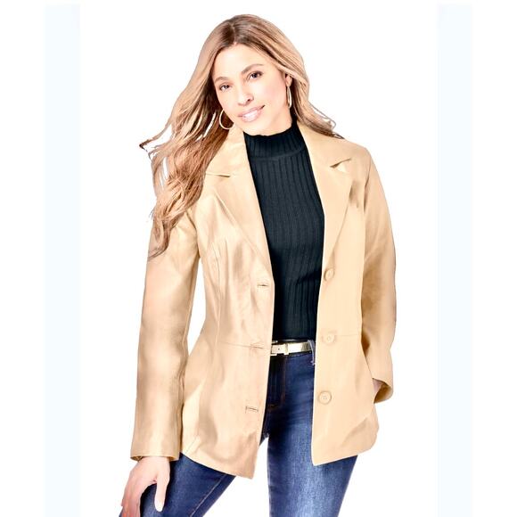 Jessica London Genuine Leather Blazer Jacket Cream Beige Size 12W NWT - Picture 2 of 7